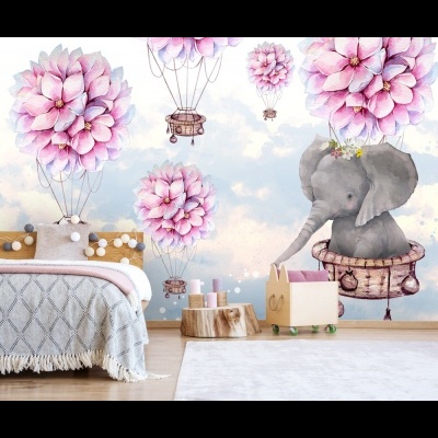 Παιδική ταπετσαρία τοίχου επιθυμητών διαστάσεων Ελέφαντας μέσα σε Αερόστατο 02049Q