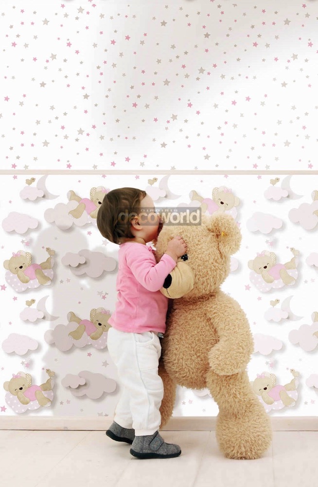 5402 Παιδική ταπετσαρία τοίχου με αρκουδάκια και αστεράκια ροζ 