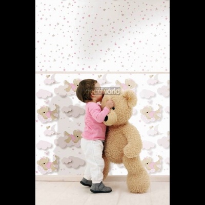 5402 Παιδική ταπετσαρία τοίχου με αρκουδάκια και αστεράκια ροζ 